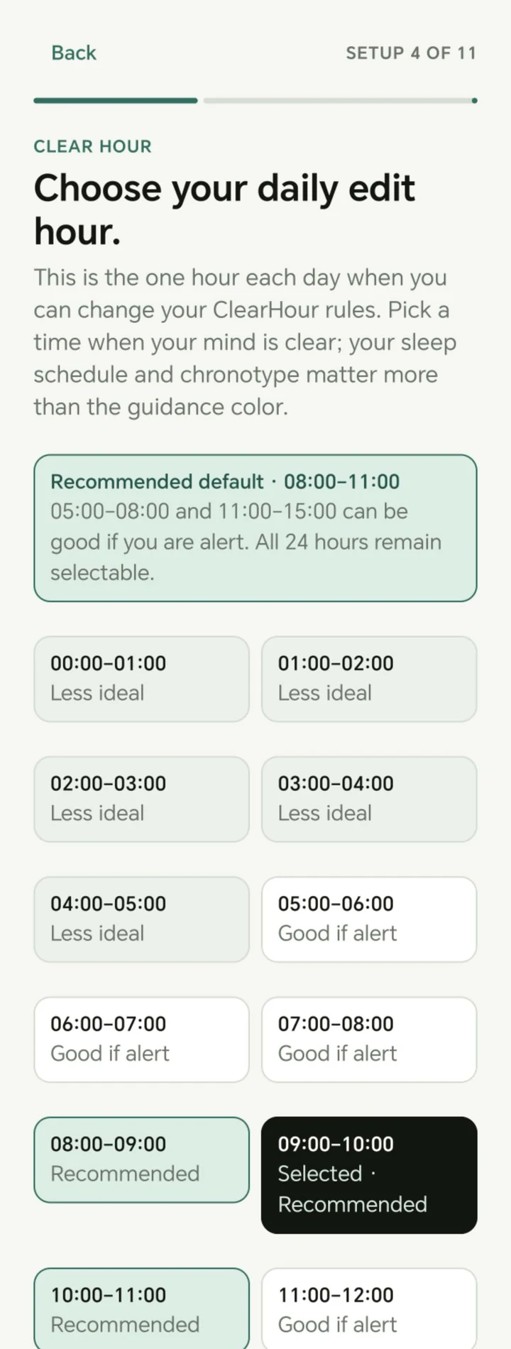 ClearHour setup screen for choosing the one daily hour when normal app rules can be changed.