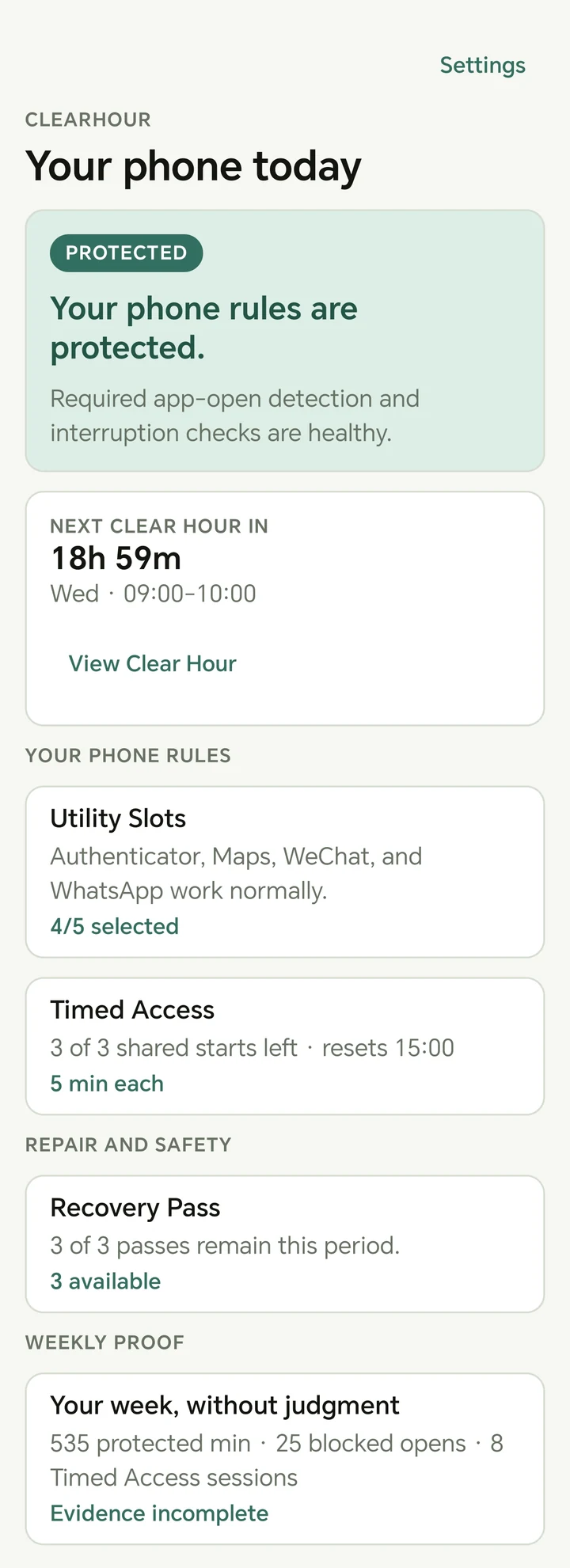 Upper ClearHour Home screen showing protected phone rules, the next Clear Hour, Utility Slots, Timed Access and Recovery Pass.