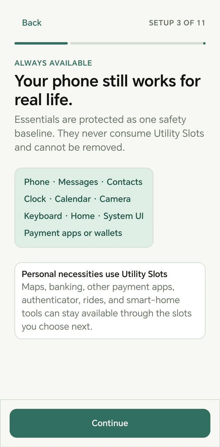 ClearHour setup screen explaining that core phone functions stay available and personal necessities use Utility Slots.