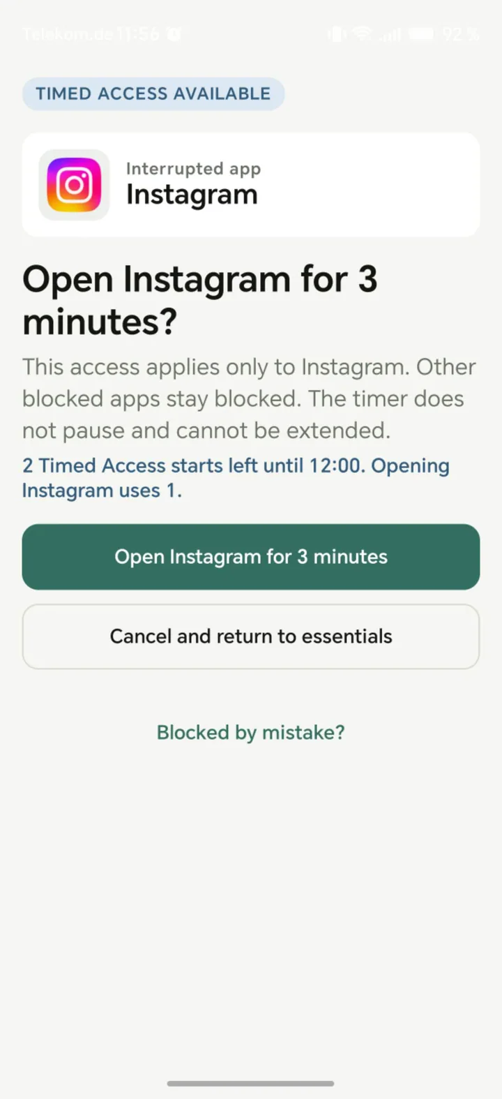 ClearHour Timed Access screen offering three minutes in Instagram and explaining that the timer cannot pause or be extended.